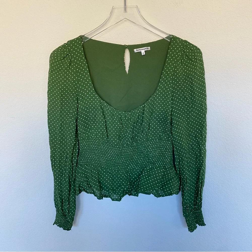 Reformation Hearth Long Sleeve Top Peat Green Polka Dot | 8